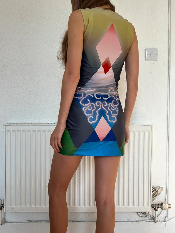 Conner Ives Printed Jersey Mini Dress – Green – Size XS – Made in UK