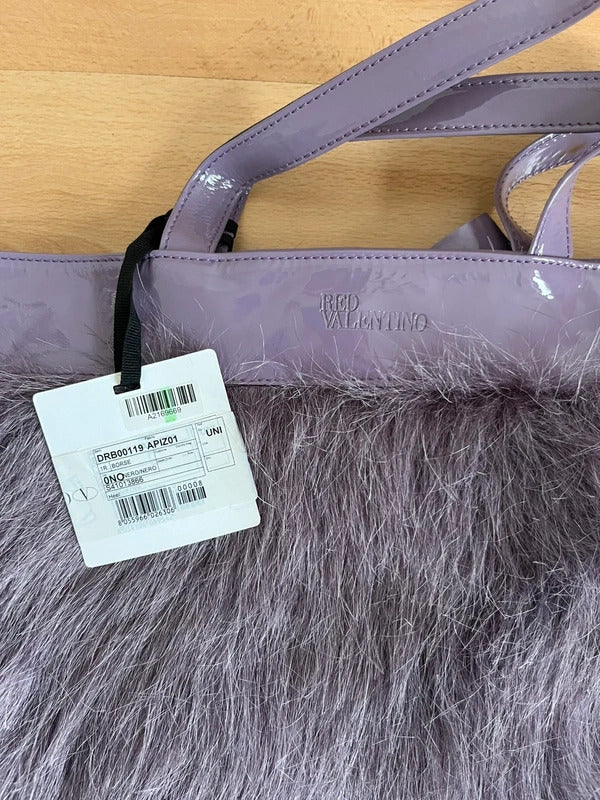 Red Valentino Faux Fur Bow Tote Bag Purple Patent Handles