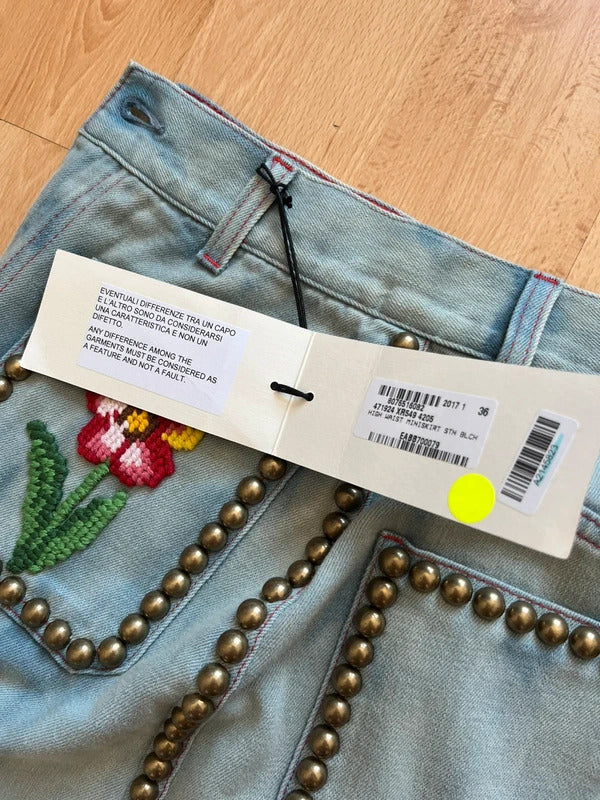 Gucci Floral Embroidered Studded Denim Mini Skirt IT36 UK4 NWT Alessandro Michele