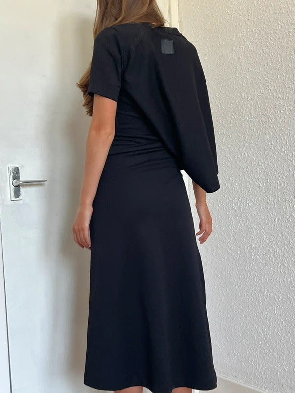 Loewe Draped Midi Dress XS Black Asymmetric Cotton Made in Portugal