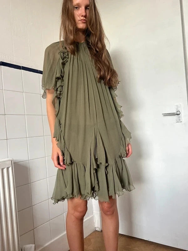 Dsquared2 Silk Mini Dress Olive Green Ruffle IT38 UK6 XS