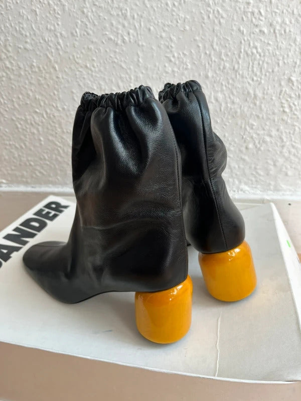 Jil Sander Leather Ankle Boots EU40 UK7 Black Yellow Heel Made in Italy
