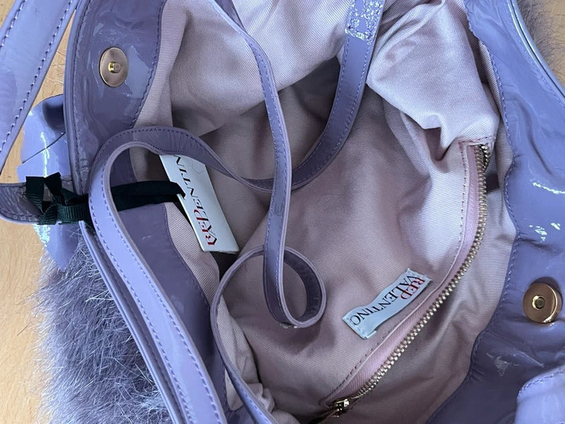 Red Valentino Faux Fur Bow Tote Bag Purple Patent Handles