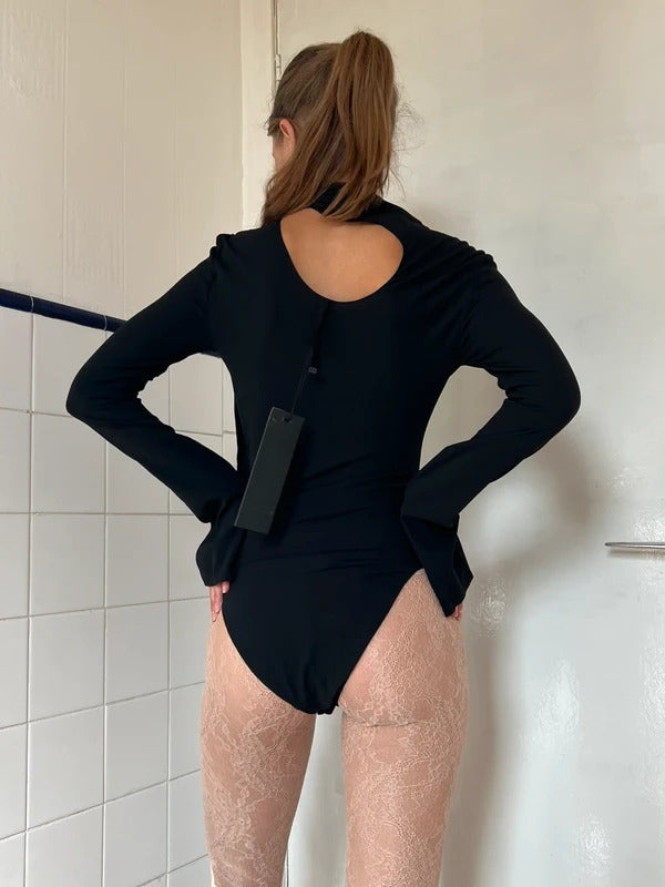 Petar Petrov Crepe Bodysuit FR36 US4 UK8 S Black Silk Cut-Out Tie Neck