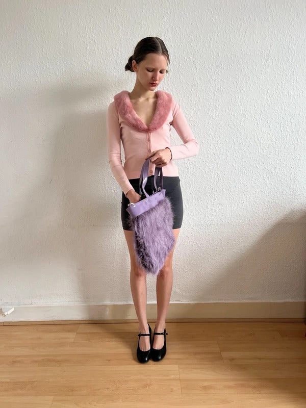 Red Valentino Faux Fur Bow Tote Bag Purple Patent Handles