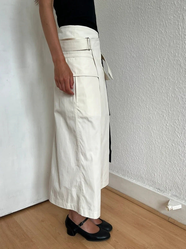 Helmut Lang Ivory Belted Wrap Midi Skirt XS US2 UK6 IT38 Cotton Twill NWT