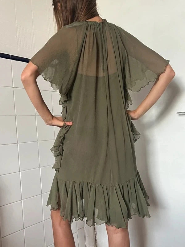 Dsquared2 Silk Mini Dress Olive Green Ruffle IT38 UK6 XS