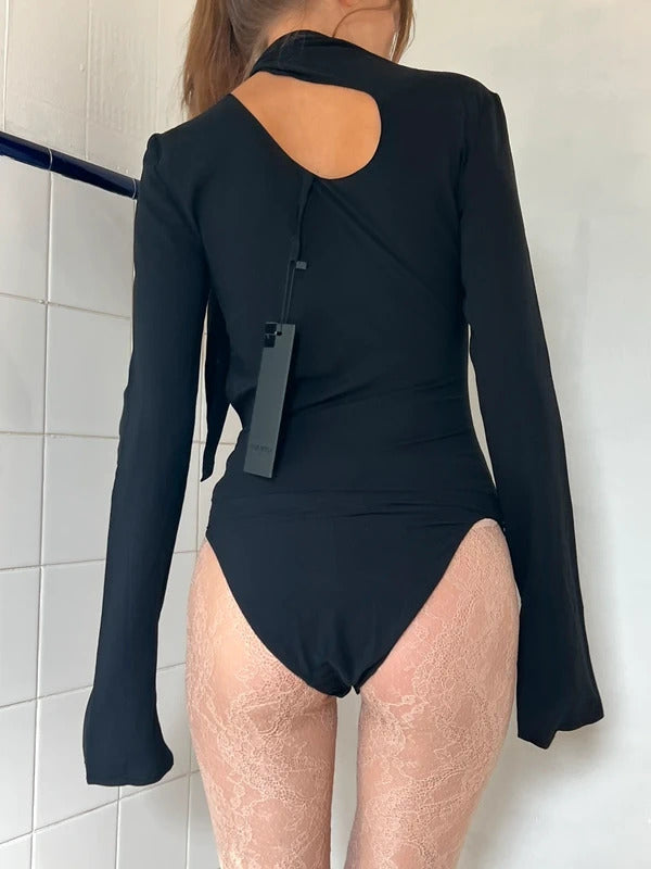 Petar Petrov Crepe Bodysuit FR36 US4 UK8 S Black Silk Cut-Out Tie Neck