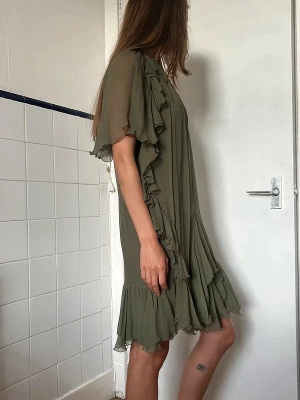 Dsquared2 Silk Mini Dress Olive Green Ruffle IT38 UK6 XS