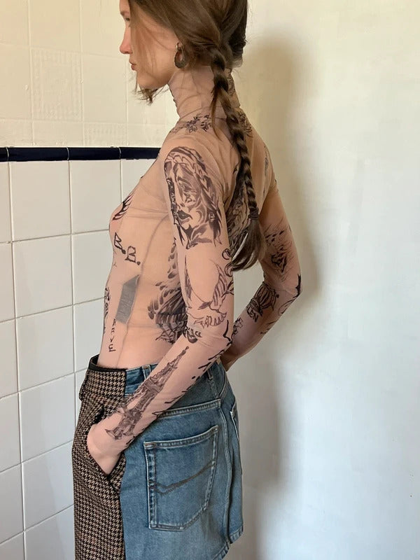 Balenciaga Tattoo Print Mesh Top Size M Nude Sheer Long Sleeve
