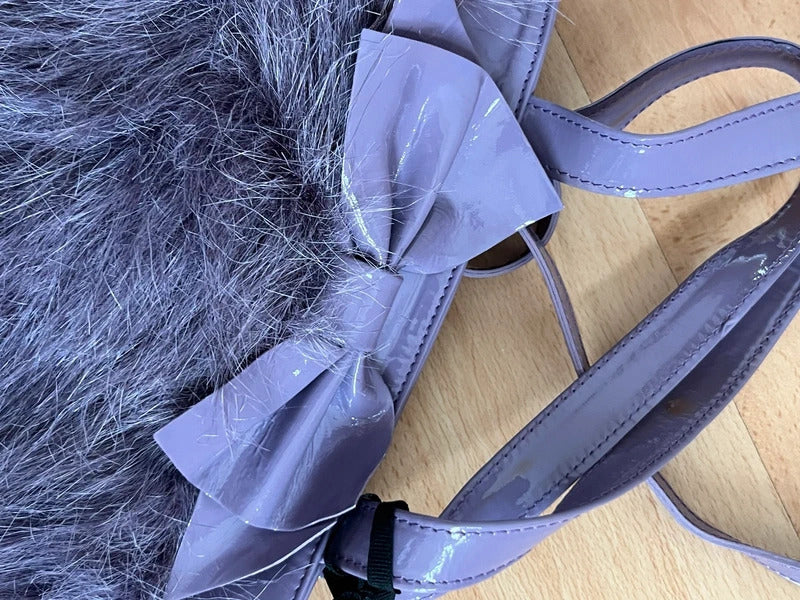 Red Valentino Faux Fur Bow Tote Bag Purple Patent Handles