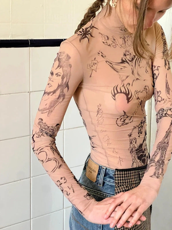 Balenciaga Tattoo Print Mesh Top Size M Nude Sheer Long Sleeve