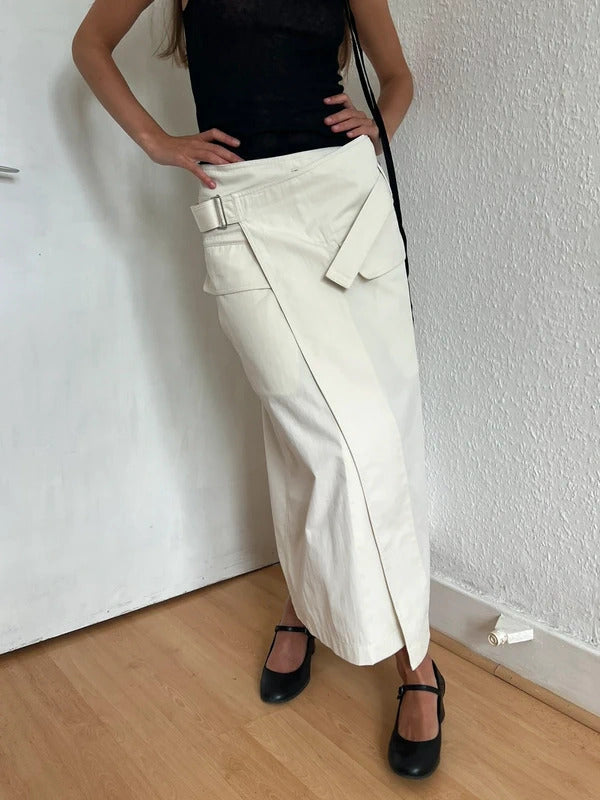 Helmut Lang Ivory Belted Wrap Midi Skirt XS US2 UK6 IT38 Cotton Twill NWT
