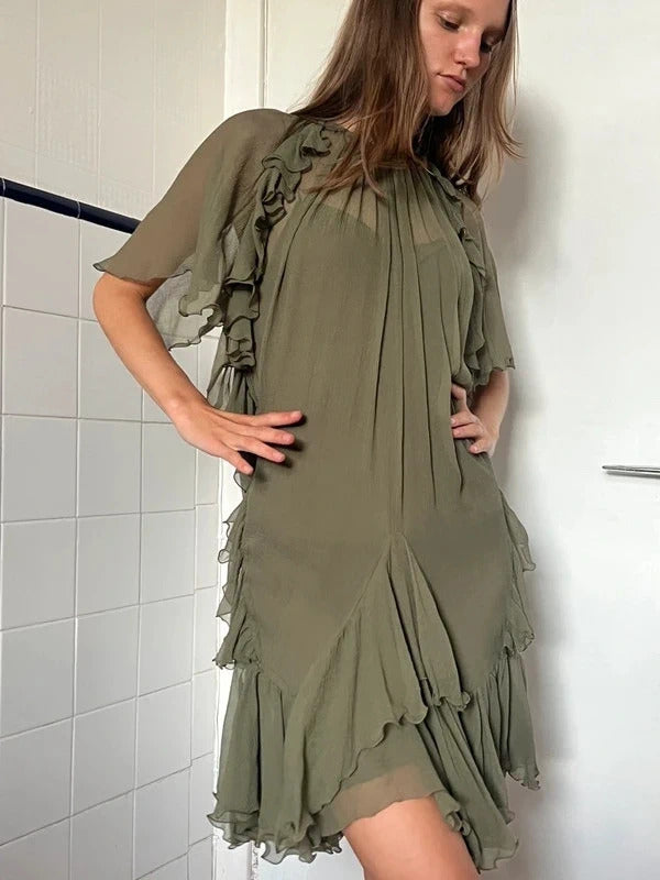 Dsquared2 Silk Mini Dress Olive Green Ruffle IT38 UK6 XS