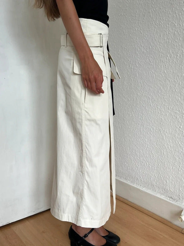 Helmut Lang Ivory Belted Wrap Midi Skirt XS US2 UK6 IT38 Cotton Twill NWT