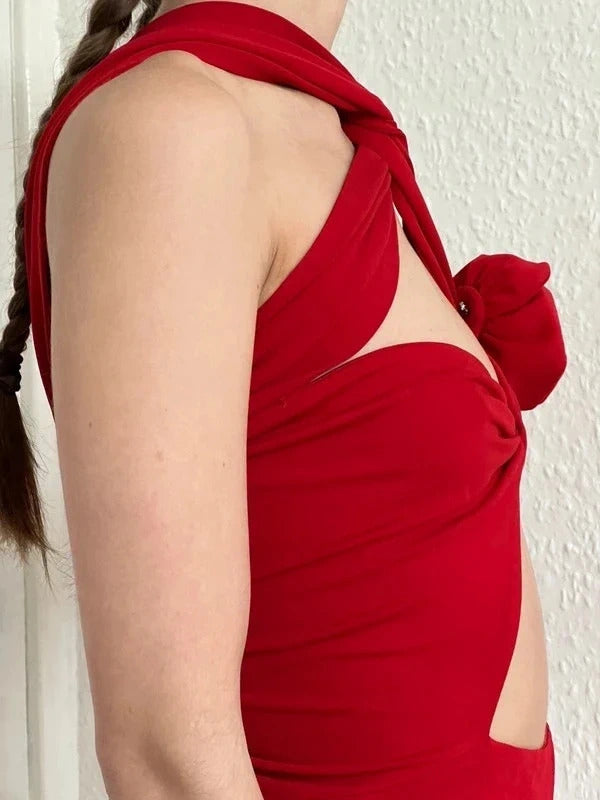 Magda Butrym Red Cut-Out Bodysuit Rose Detail FR38 / UK10
