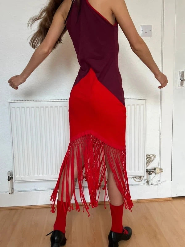 Conner Ives Hudson River School Jersey Midi Dress – Red – Size M – Fringe