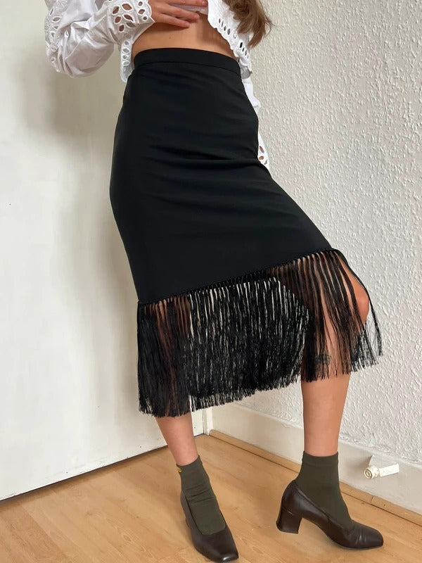 Burberry Mohair Wool Midi Skirt UK2 IT36 XXS–XS Black Fringe