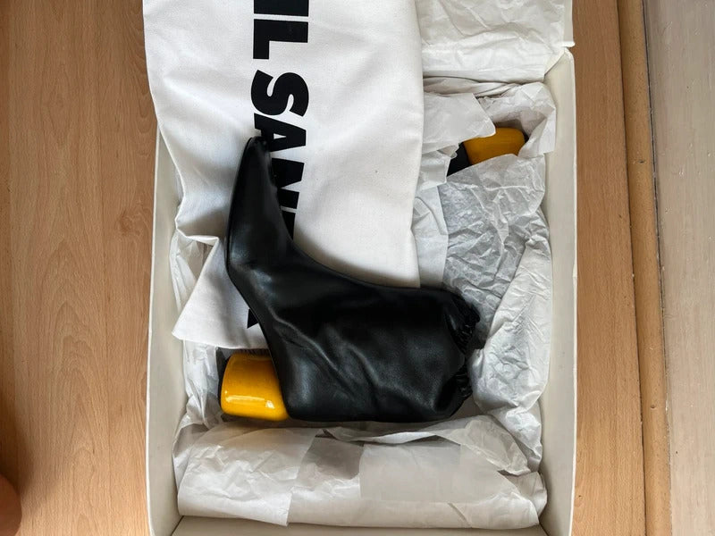 Jil Sander Leather Ankle Boots EU40 UK7 Black Yellow Heel Made in Italy