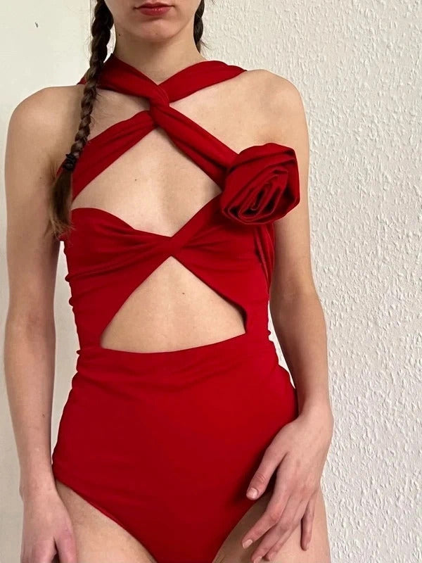 Magda Butrym Red Cut-Out Bodysuit Rose Detail FR38 / UK10
