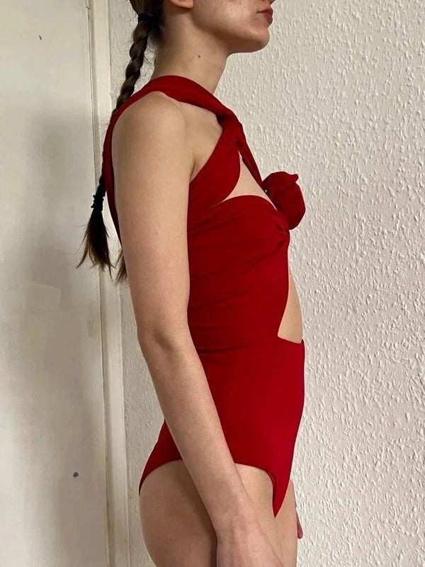 Magda Butrym Red Cut-Out Bodysuit Rose Detail FR38 / UK10