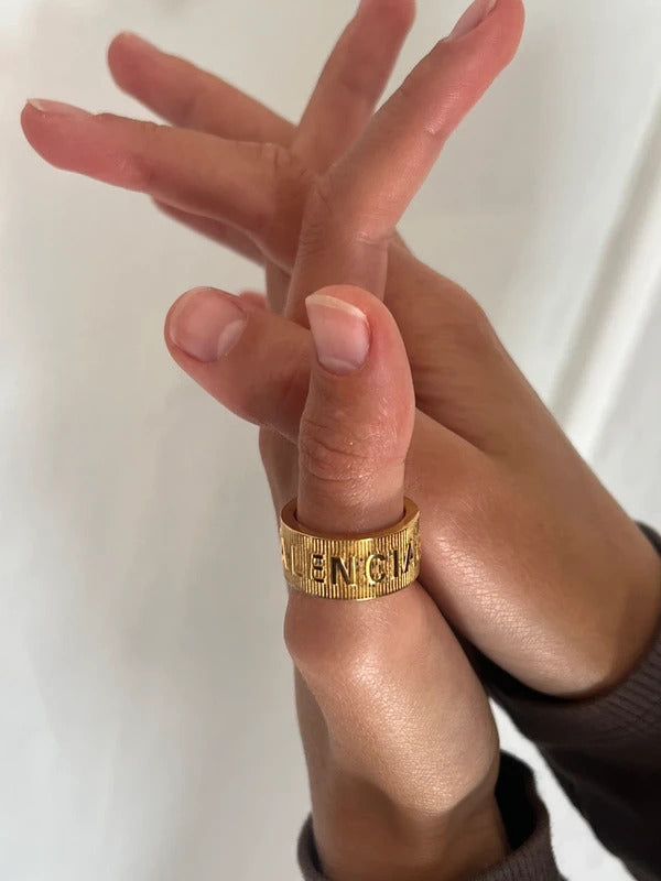 Balenciaga Logo Band Ring Size 54 UK N½ US 7 Gold Tone 925 Silver Made in Italy