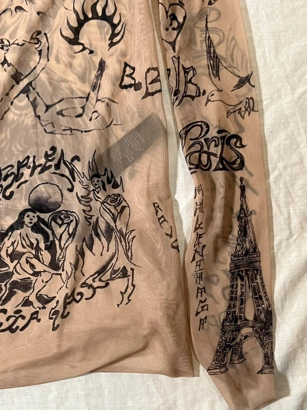 Balenciaga Tattoo Print Mesh Top Size M Nude Sheer Long Sleeve