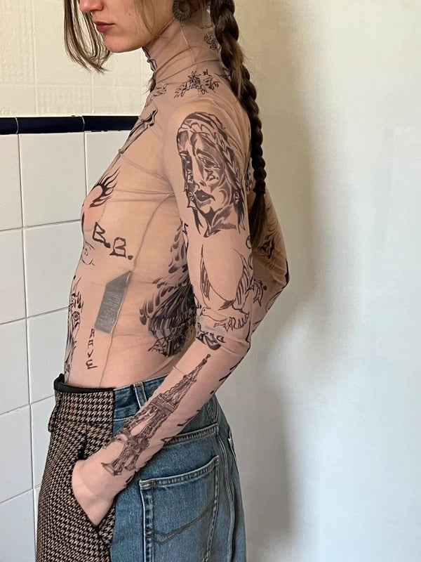 Balenciaga Tattoo Print Mesh Top Size M Nude Sheer Long Sleeve
