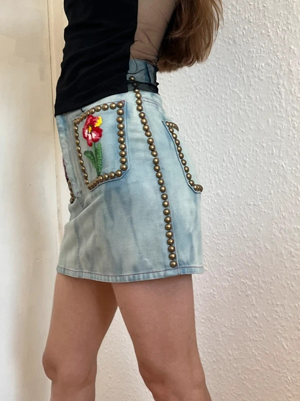 Gucci Floral Embroidered Studded Denim Mini Skirt IT36 UK4 NWT Alessandro Michele