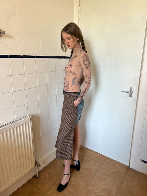 Balenciaga Tattoo Print Mesh Top Size M Nude Sheer Long Sleeve