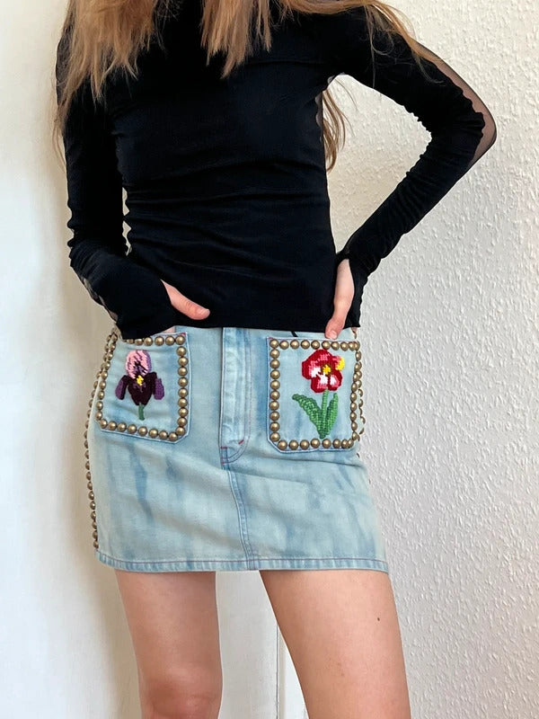 Gucci Floral Embroidered Studded Denim Mini Skirt IT36 UK4 NWT Alessandro Michele