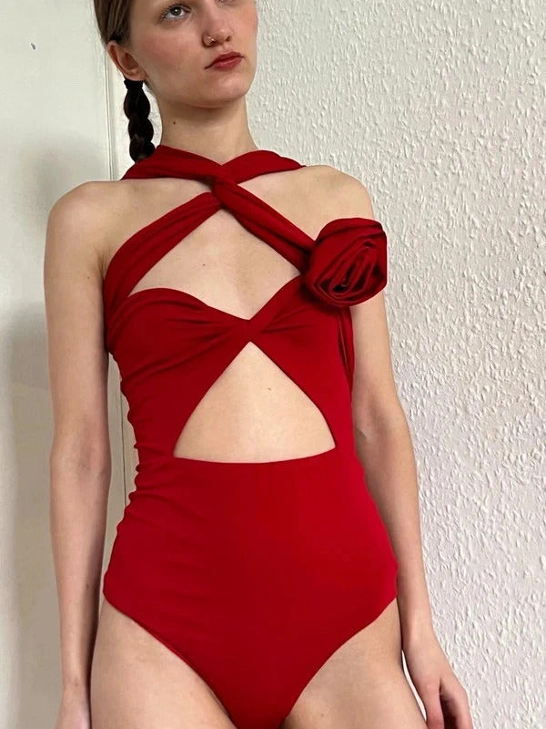Magda Butrym Red Cut-Out Bodysuit Rose Detail FR38 / UK10