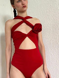 Magda Butrym Red Cut-Out Bodysuit Rose Detail FR38 / UK10