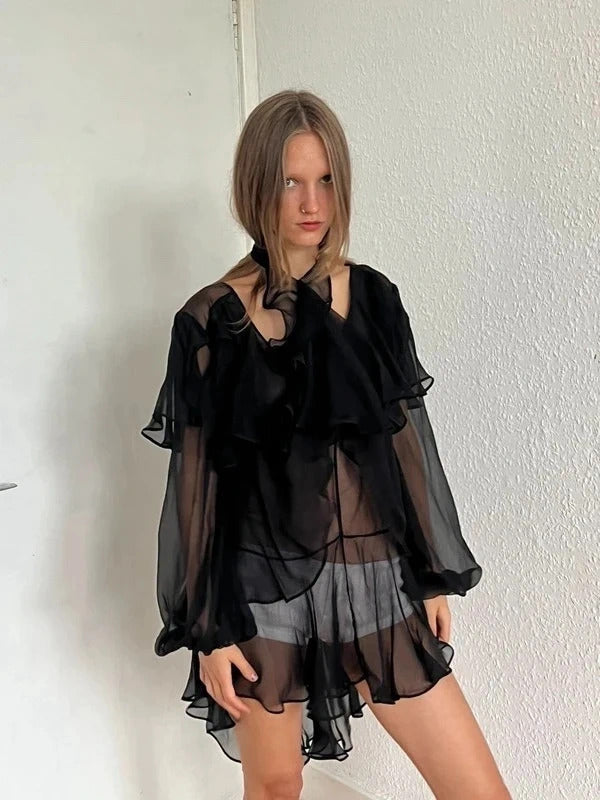 Dsquared2 Silk Chiffon Ruffle Tunic – Black – IT38 / UK6 / XS