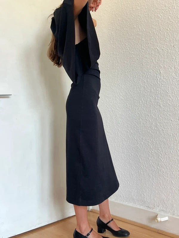 Loewe Draped Midi Dress XS Black Asymmetric Cotton Made in Portugal