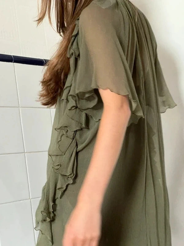 Dsquared2 Silk Mini Dress Olive Green Ruffle IT38 UK6 XS