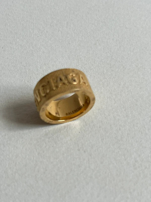Balenciaga Logo Band Ring Size 54 UK N½ US 7 Gold Tone 925 Silver Made in Italy