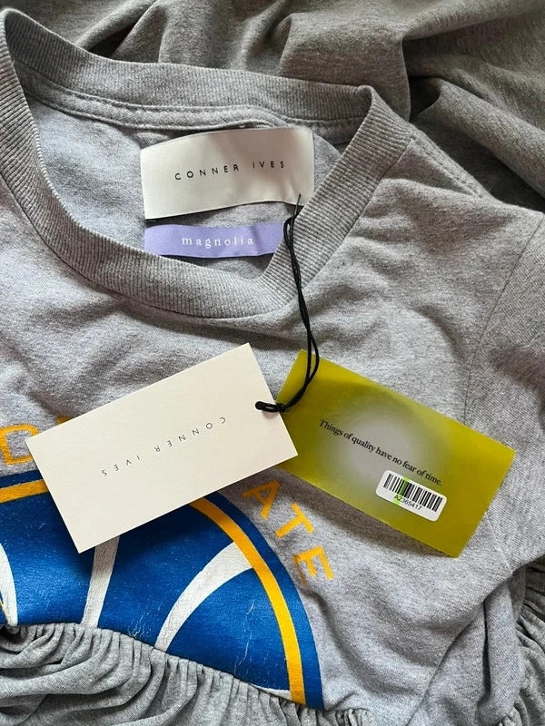 Conner Ives Reconstructed T-Shirt Top Grey Gathered XS