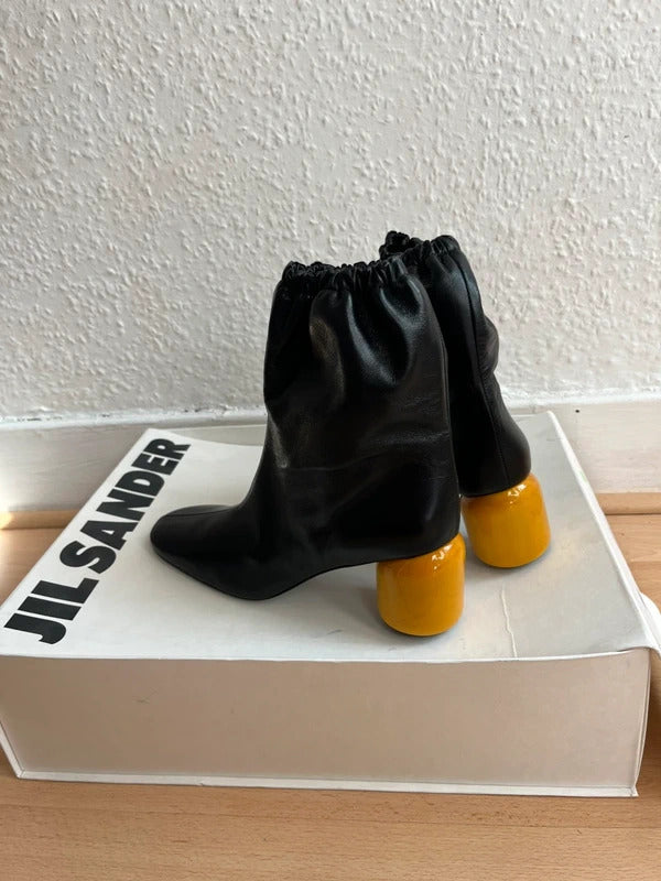 Jil Sander Leather Ankle Boots EU40 UK7 Black Yellow Heel Made in Italy
