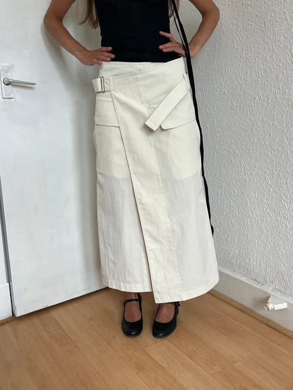 Helmut Lang Ivory Belted Wrap Midi Skirt XS US2 UK6 IT38 Cotton Twill NWT