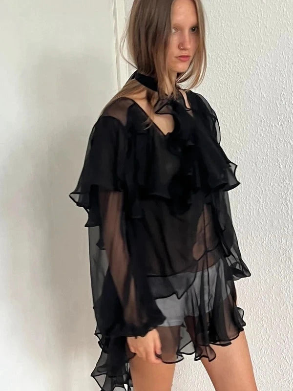 Dsquared2 Silk Chiffon Ruffle Tunic – Black – IT38 / UK6 / XS