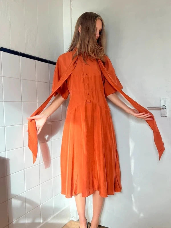 Dsquared2 Silk Blend Midi Dress Orange Tie Neck IT40 UK8