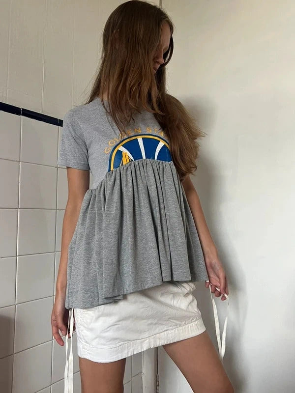 Conner Ives Reconstructed T-Shirt Top Grey Gathered XS