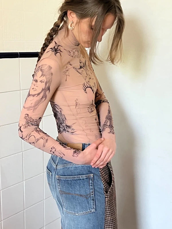Balenciaga Tattoo Print Mesh Top Size M Nude Sheer Long Sleeve