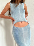 Diesel Blue Rib Knit Cut Out Midi Dress M Made in Italy Y2K RRP €495