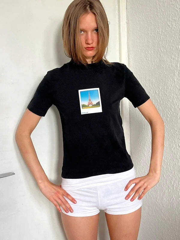 Balenciaga Eiffel Tower Polaroid Photo Print T-Shirt Black Size M Made in Portugal