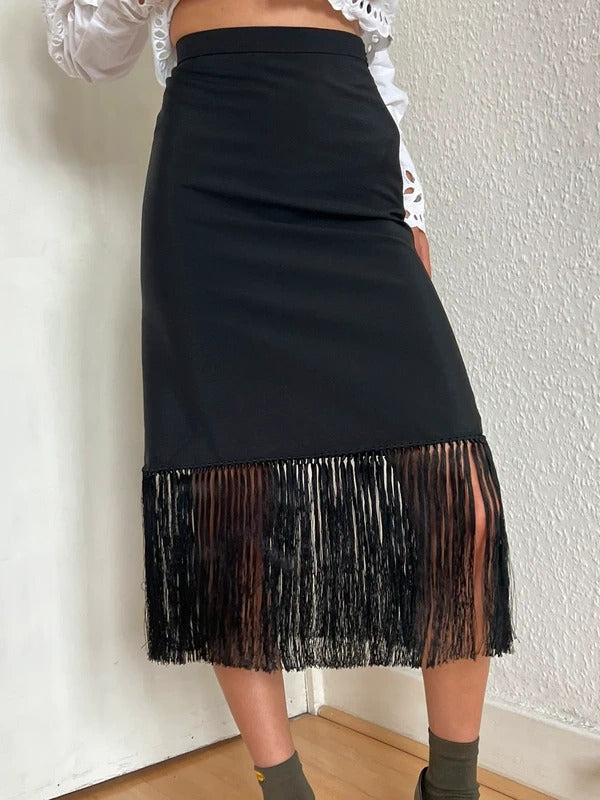 Burberry Mohair Wool Midi Skirt UK2 IT36 XXS–XS Black Fringe