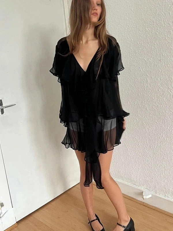 Dsquared2 Silk Chiffon Ruffle Tunic – Black – IT38 / UK6 / XS