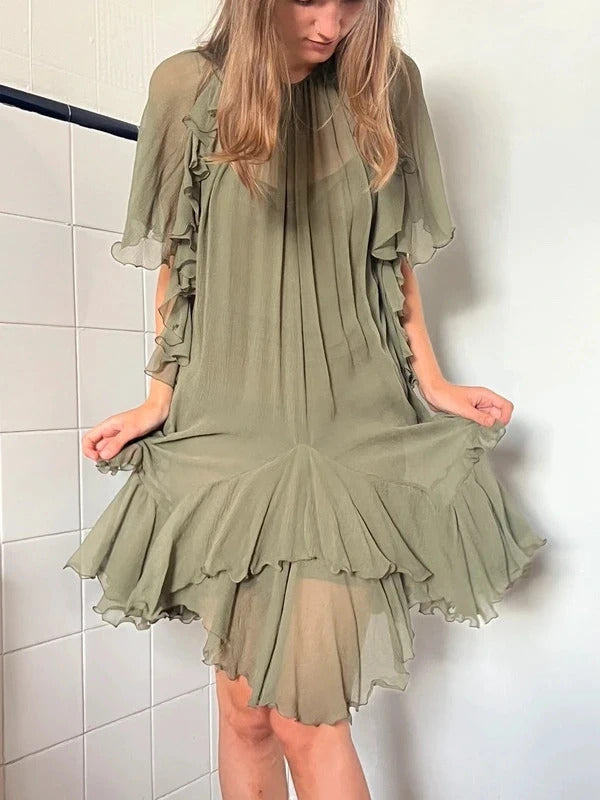 Dsquared2 Silk Mini Dress Olive Green Ruffle IT38 UK6 XS