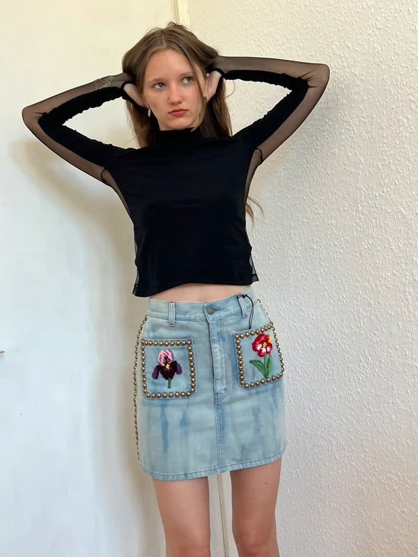 Gucci Floral Embroidered Studded Denim Mini Skirt IT36 UK4 NWT Alessandro Michele